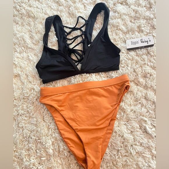 Nwt Dippin’ Daisy’s black lace up halter top ultra high waist orange bikini set - Picture 1 of 4